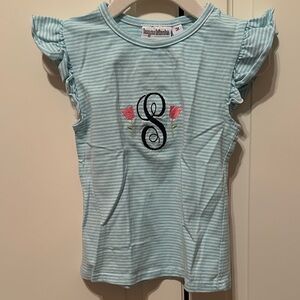 Monogrammed S Kids Ruffle Sleeve Shirt - Light Blue and Pink